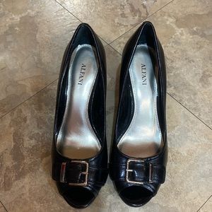 Alfani Shayla Black Leather Silver Buckle Peep Toe 3.5” Heel Pumps